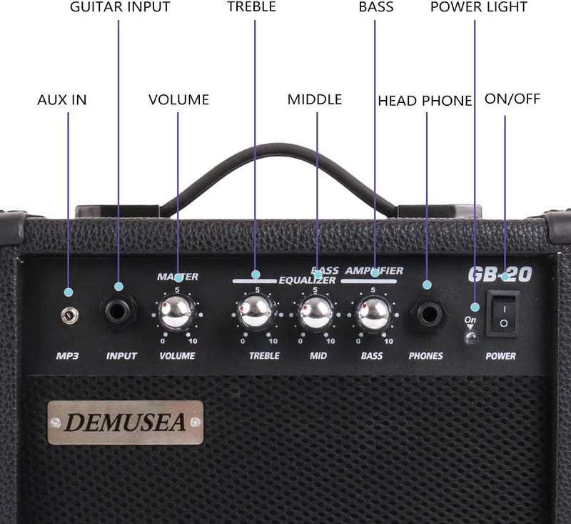 demusea Electric bass Amplifier 20w bass amp Black Color Treble Middle bass and mp3 Portable Size with noiseness Cable Picks 6.5''into3.5'' Adapter Easy for Travel Practice for Beginner Starter (Blck) - Image 1